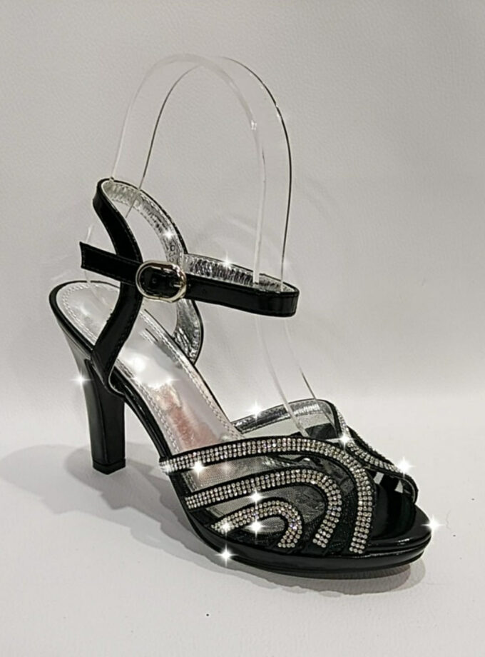 Scarpa sandalo spuntata lavorata con strass e tulle