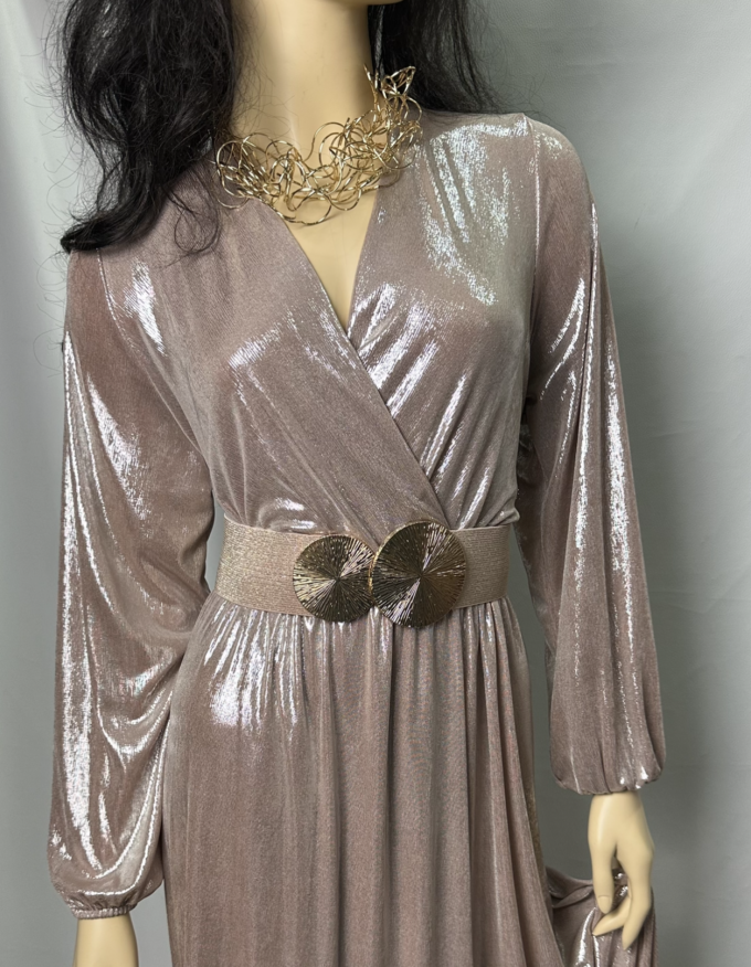 abito manica lunga tessuto metallizzato rosa gold
