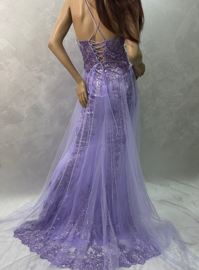abito sirena lilla con tulle damasco