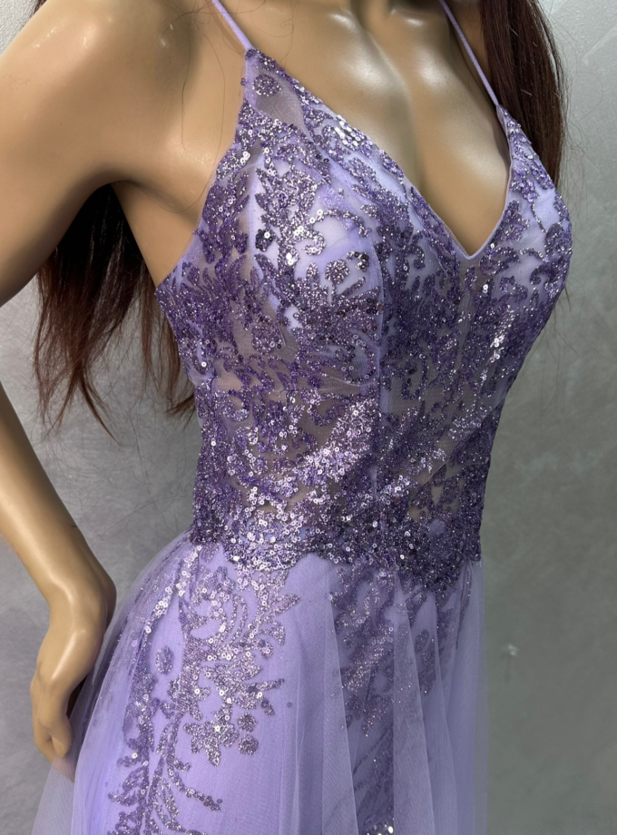 abito sirena lilla con tulle damasco