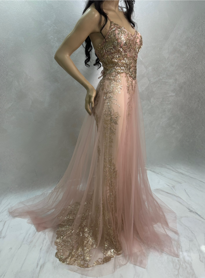 abito sirena rosa gold con tulle damasco