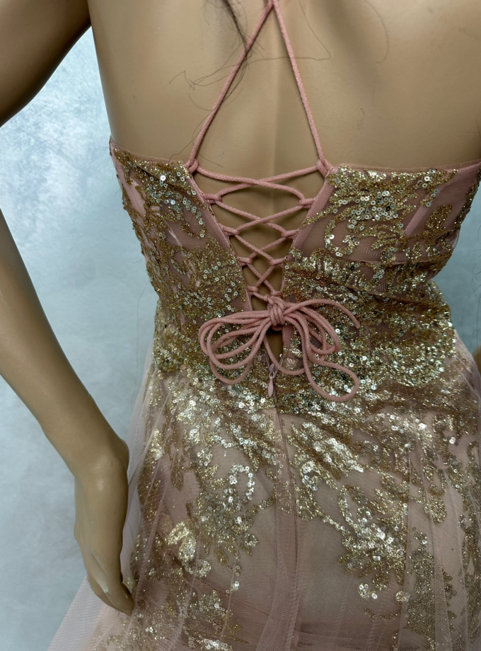 abito sirena rosa gold con tulle damasco