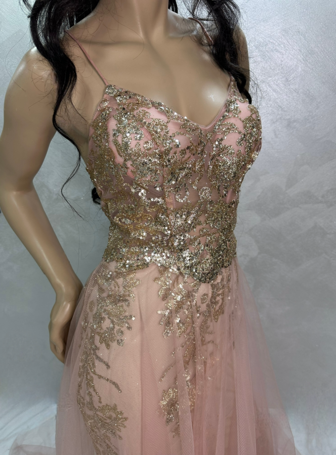 abito sirena rosa gold con tulle damasco
