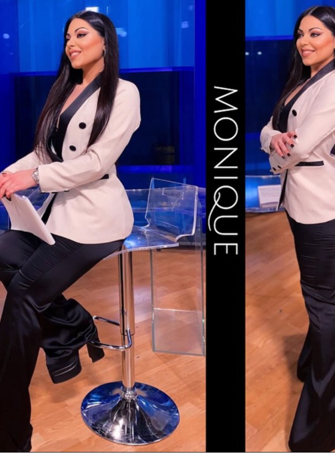 tailleur pantaloni palazzo nero panna doppio petto