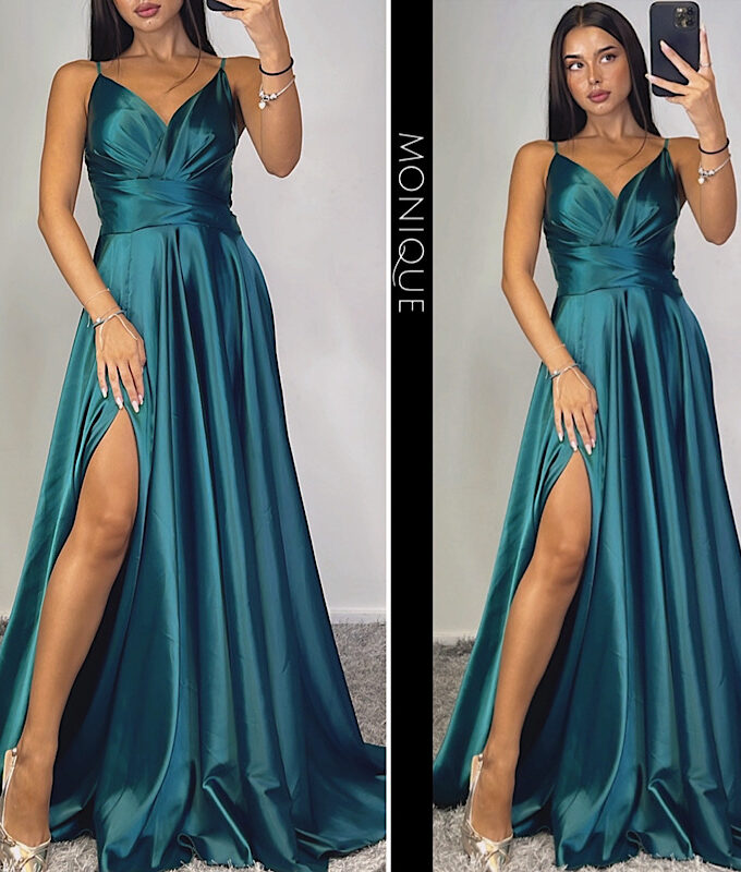 abito lungo raso effetto seta con spacco lato verde
