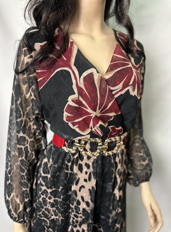 abito lungo fantasia animalier bordeaux