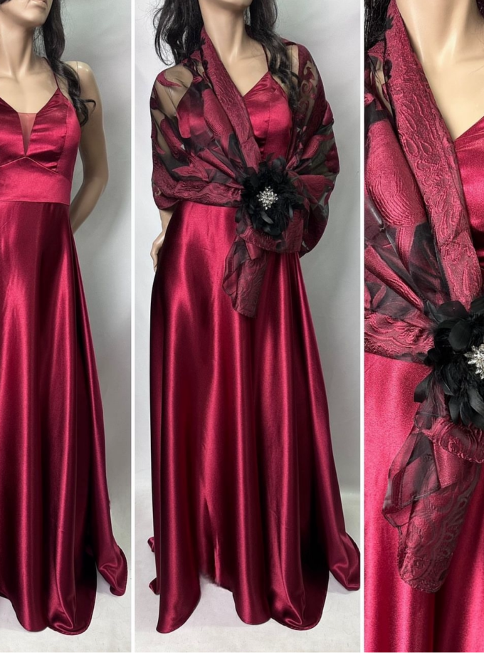 abito lungo raso effetto seta bordeaux incrocio dietro