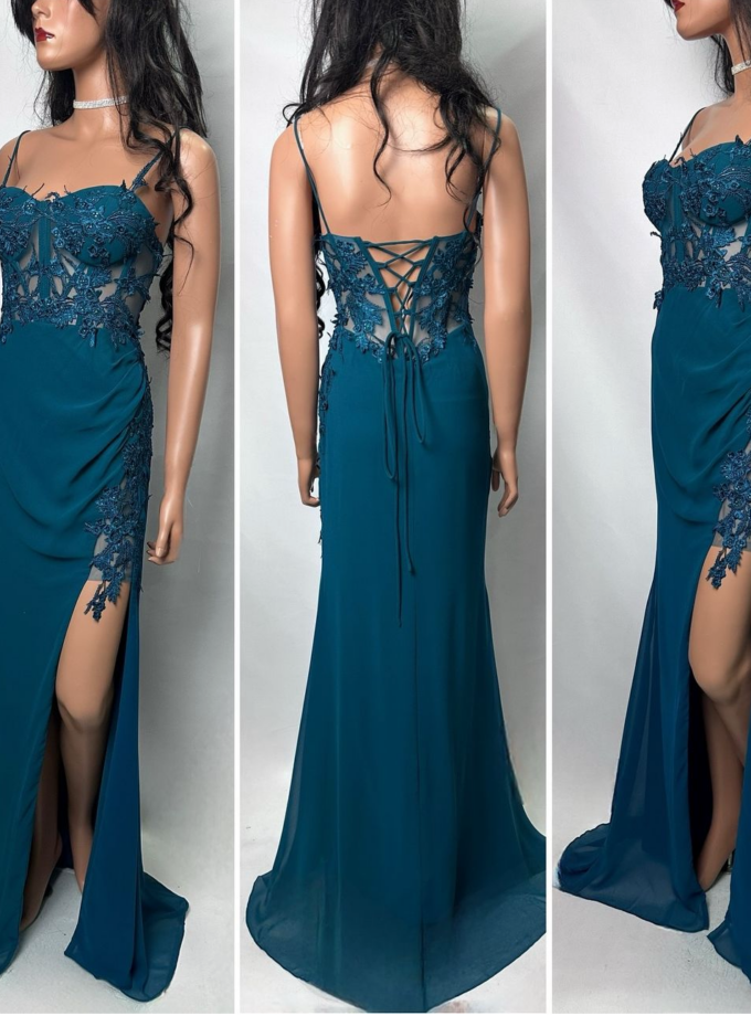 abito lungo sirena inserti pizzo verde