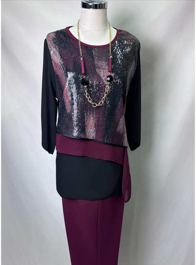 completo pantaloni linea comoda paillettes bordeaux