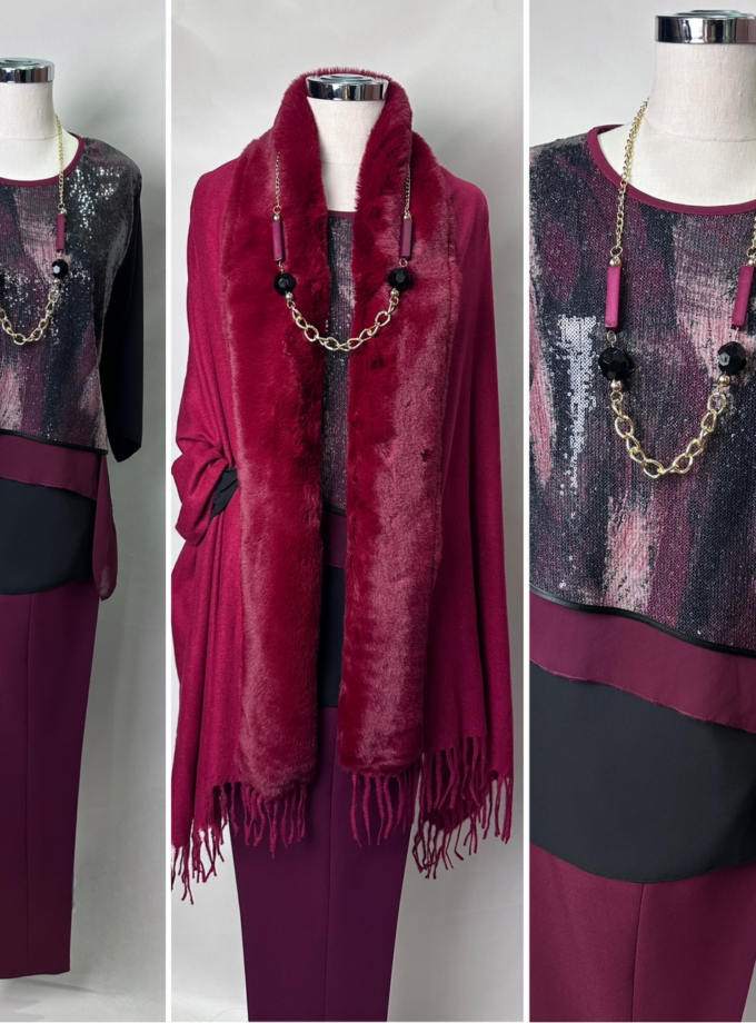 mantella lana con bordo in pelliccia bordeaux