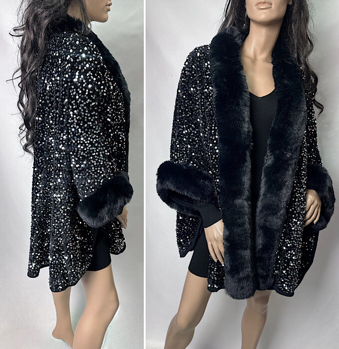 Mantella cappotto paillettes argento bordo pelliccia