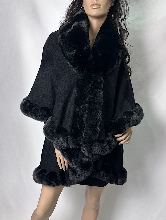 Mantella cappotto lana bordo pelliccia nero