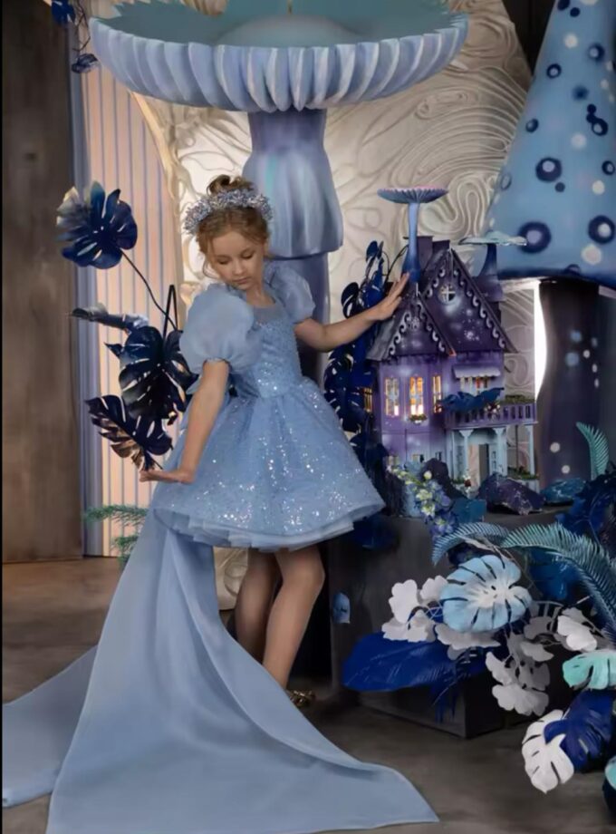 abito bambina fiocco celeste polvere