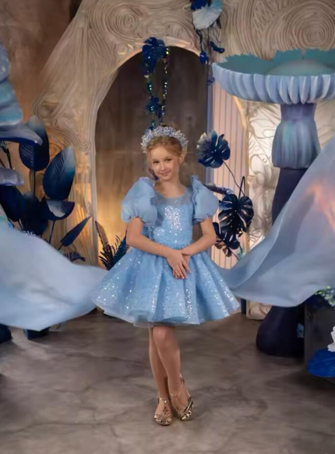 abito bambina fiocco celeste polvere