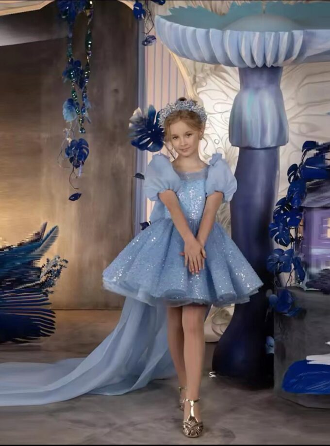 abito bambina fiocco celeste polvere