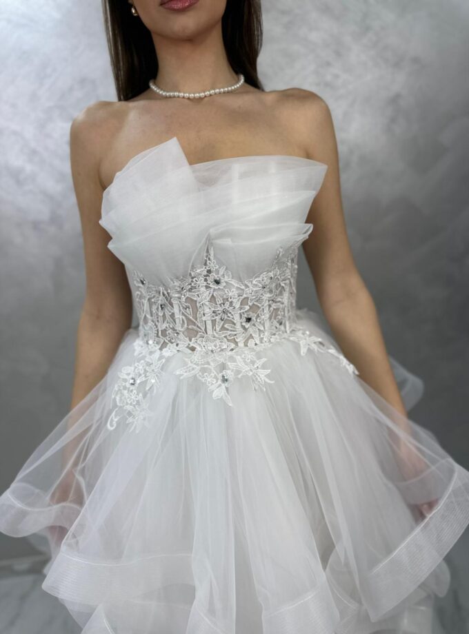abito bianco balze tulle organza