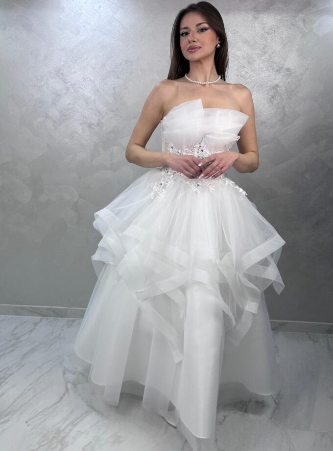 abito bianco balze tulle organza