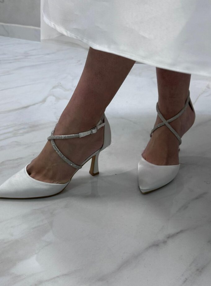 Scarpe raso bianco cinturino incrocio strass