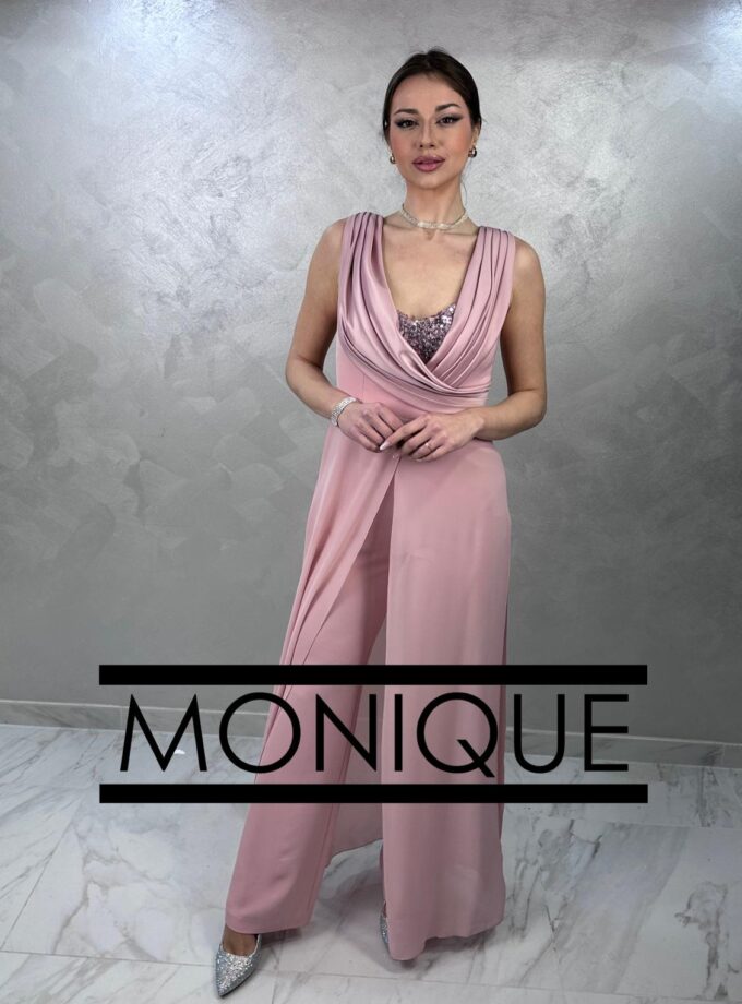 tuta cerimonia corpetto lavorato paillettes rosa antico