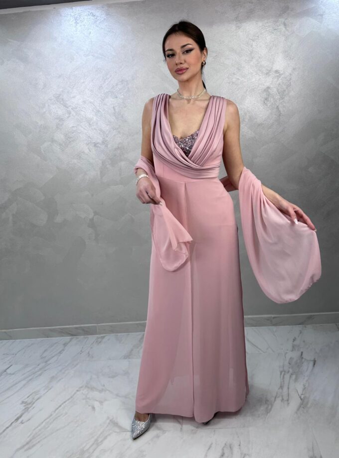 tuta cerimonia corpetto lavorato paillettes rosa antico