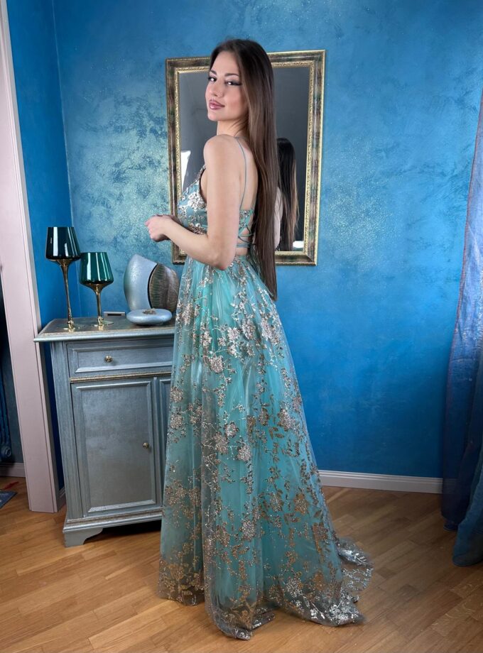 abito bambola verde brillantinato oro