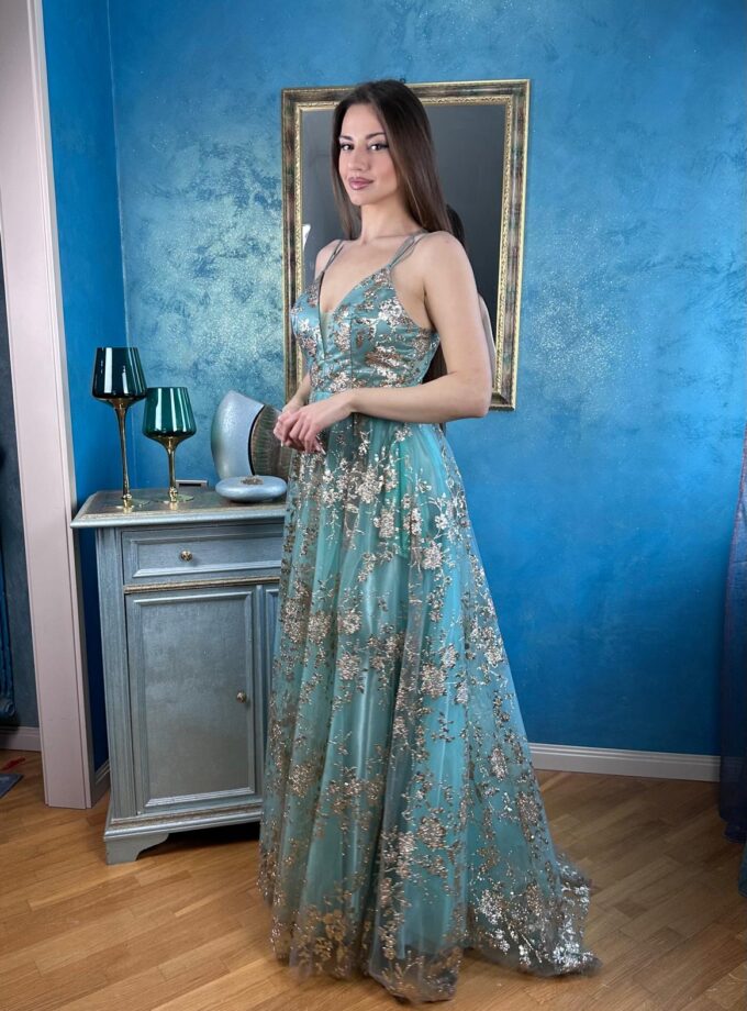 abito bambola verde brillantinato oro