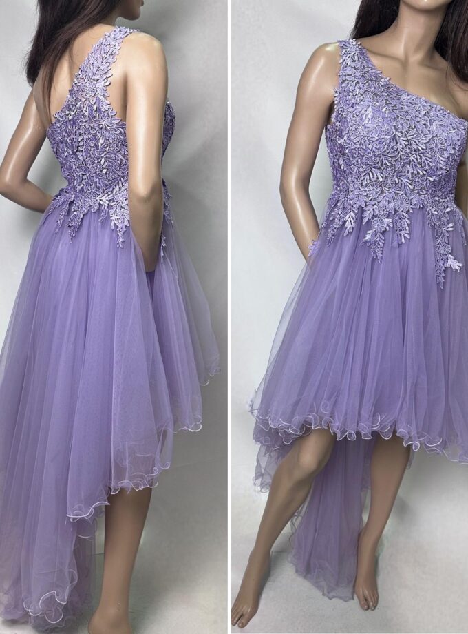 abito monospalla tulle glicine con coda