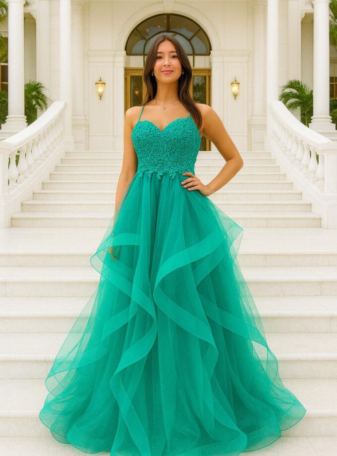 abito bambola balze tulle verde Tiffany