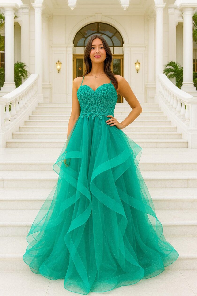 abito bambola balze tulle verde Tiffany