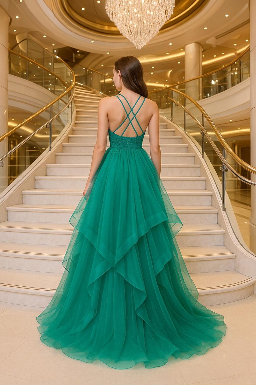 abito bambola balze tulle verde Tiffany - immagine 2