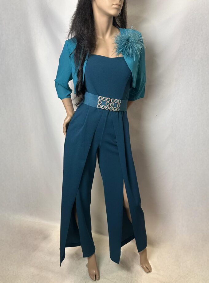 tuta pantaloni palazzo con spacchi verde petrolio