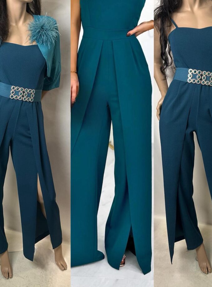 tuta pantaloni palazzo con spacchi verde petrolio