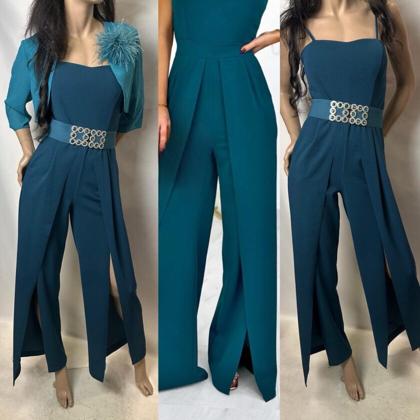tuta pantaloni palazzo con spacchi verde petrolio
