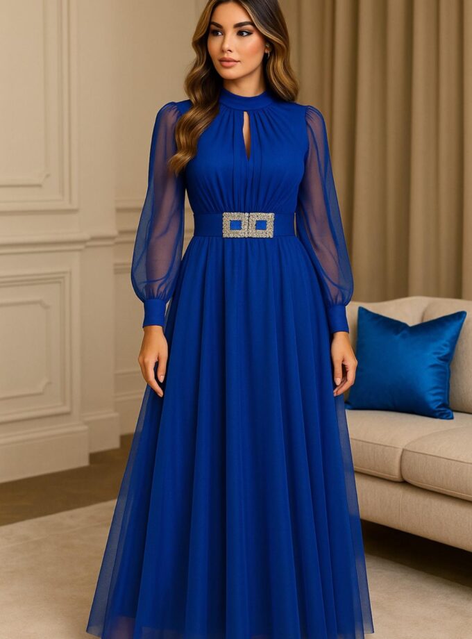 abito lungo maniche velo azzurro