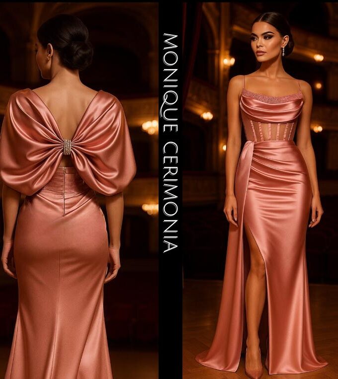 Abito sirena raso con fusciacca lato rosa antico