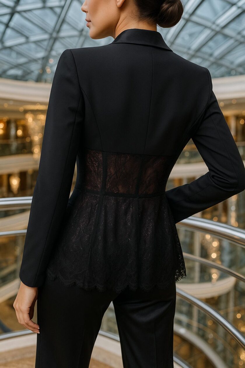 Tailleur pantaloni zampa inserti pizzo nero - immagine 4