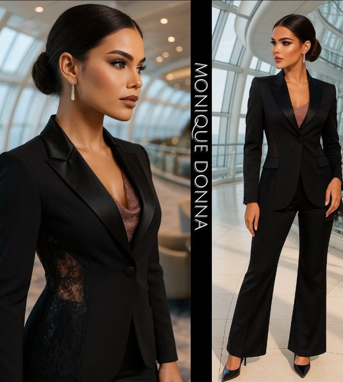Tailleur pantaloni zampa inserti pizzo nero