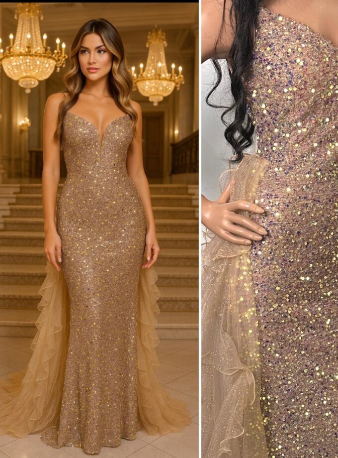 abito sirena paillettes oro coda tulle